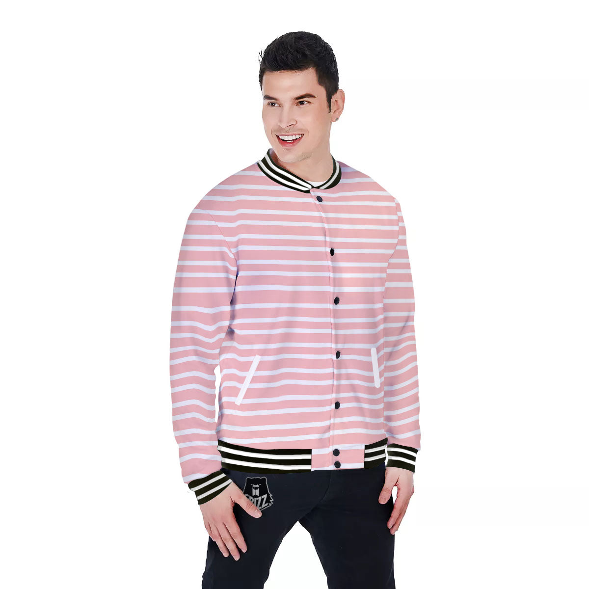 Striped White And Pink Print Pattern Baseball Jacket-grizzshop