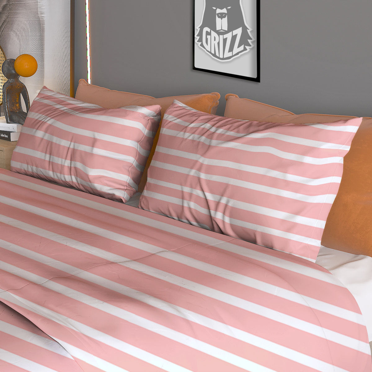Striped White And Pink Print Pattern Duvet Cover Bedding Set