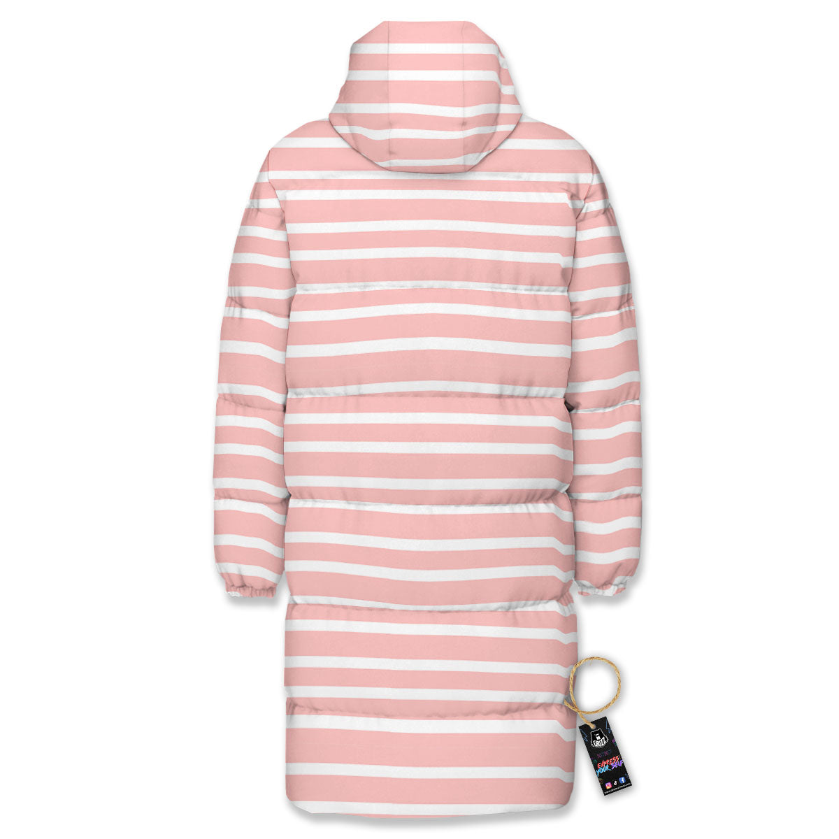 Striped White And Pink Print Pattern Long Down Jacket-grizzshop