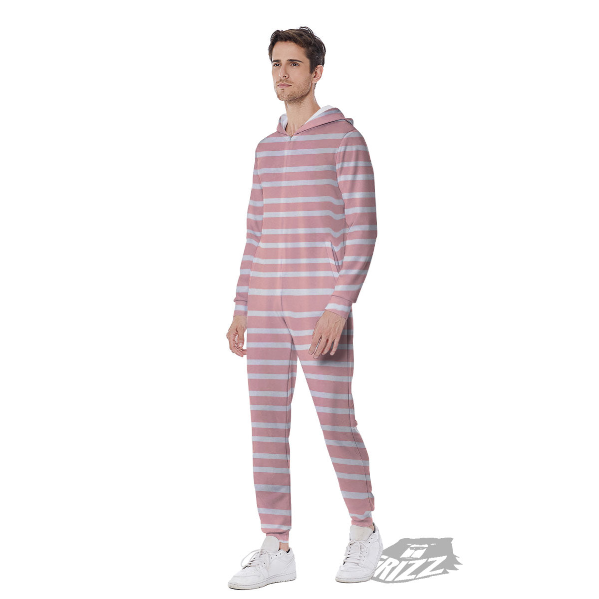 Striped White And Pink Print Pattern Men's Jumpsuit-grizzshop
