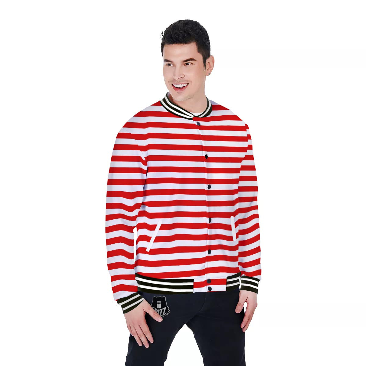 Striped White And Red Print Pattern Baseball Jacket-grizzshop