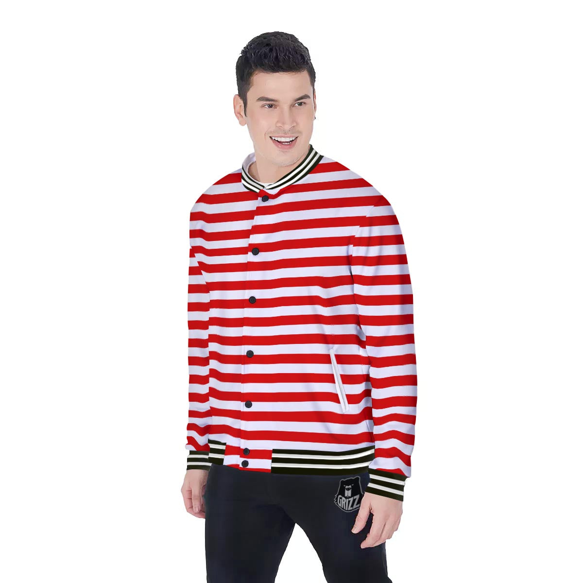 Striped White And Red Print Pattern Baseball Jacket-grizzshop