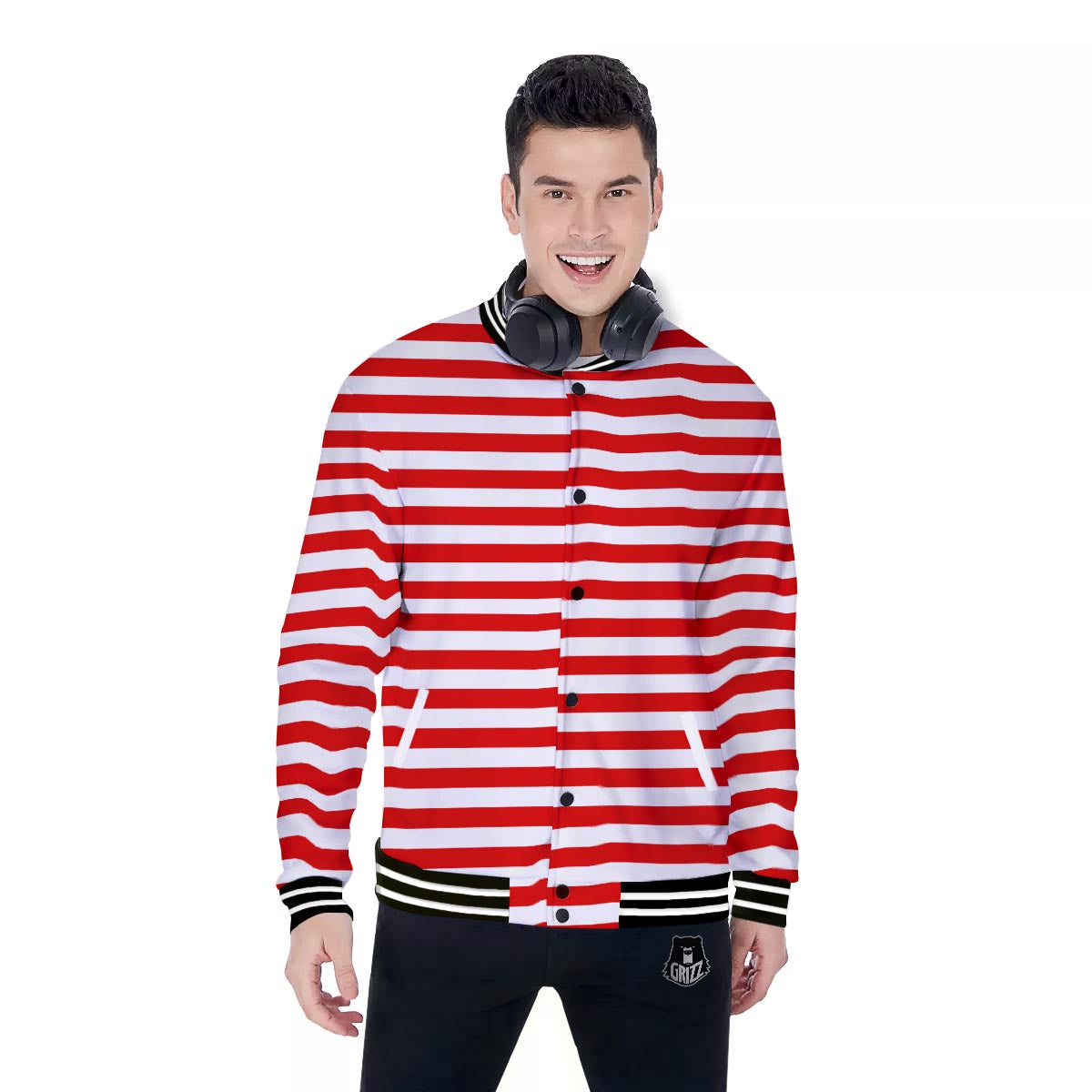 Striped White And Red Print Pattern Baseball Jacket-grizzshop