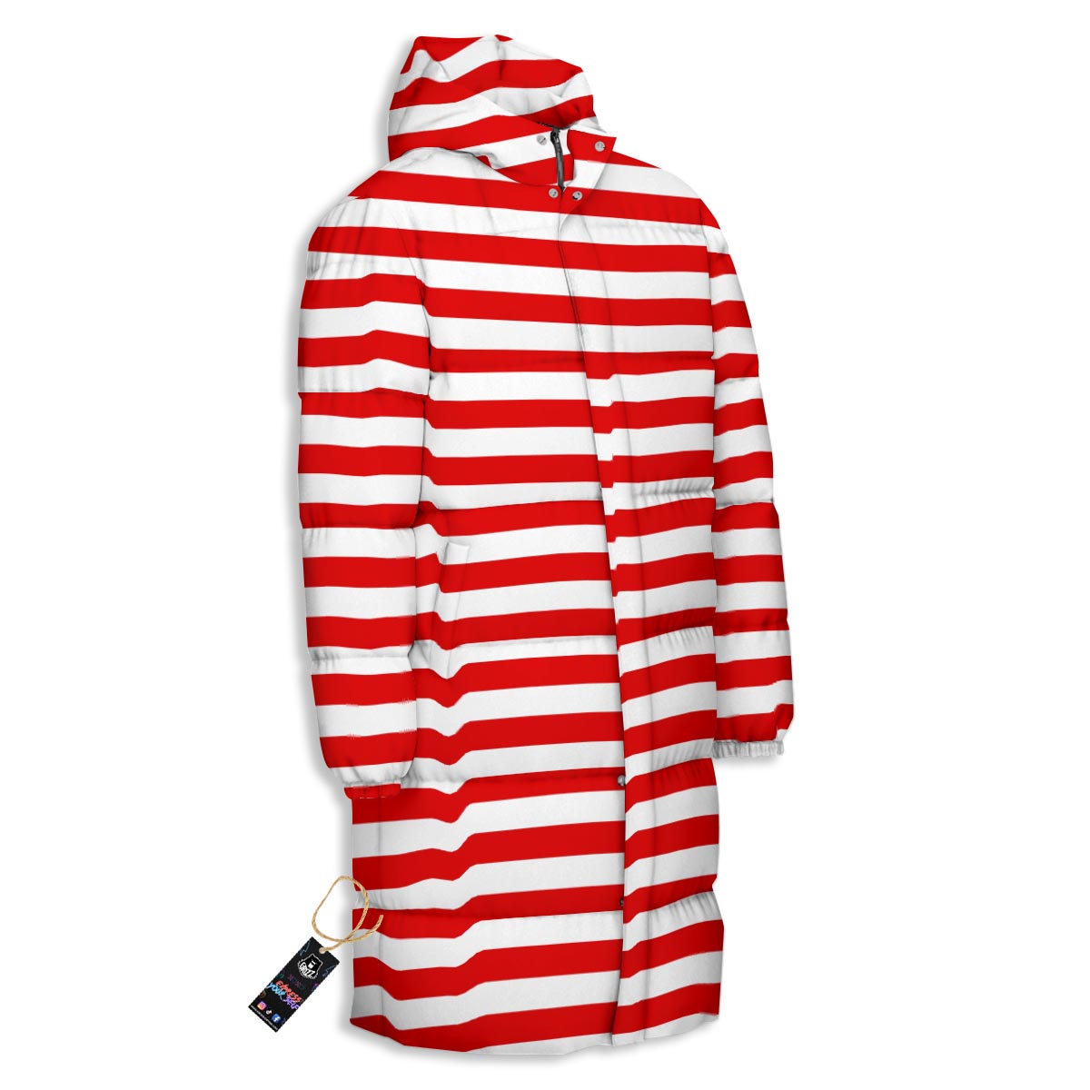 Striped White And Red Print Pattern Long Down Jacket-grizzshop