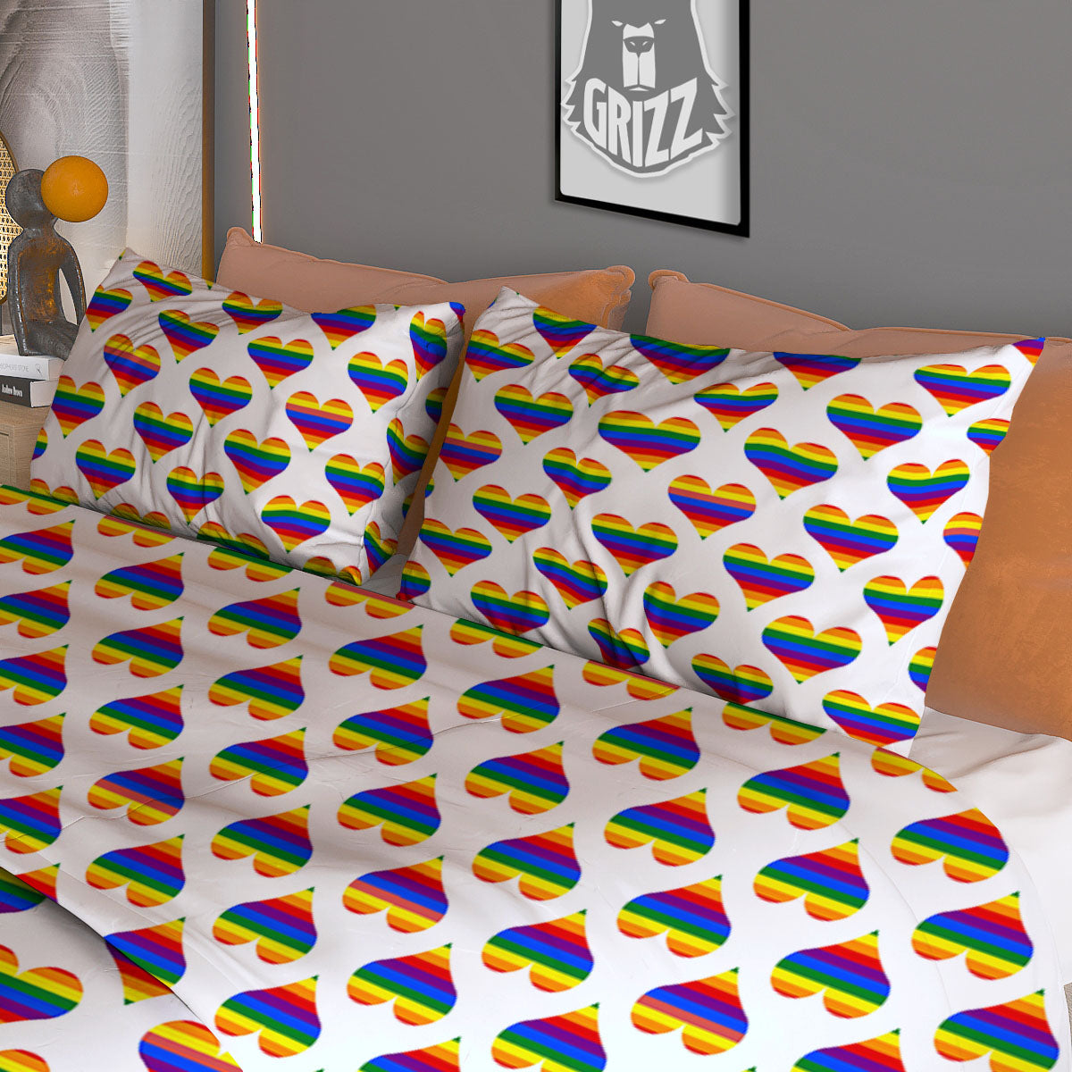 Striped White Heart On LGBT Pride Print Pattern Duvet Cover Bedding Set-grizzshop
