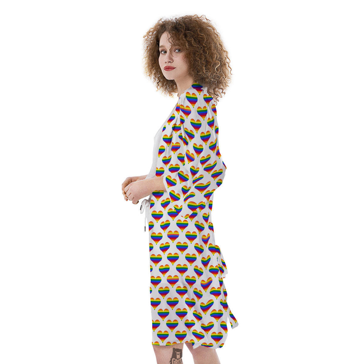 Striped White Heart On LGBT Pride Print Pattern Kimono-grizzshop