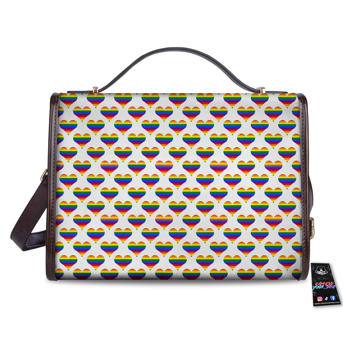Striped White Heart On LGBT Pride Print Pattern Women's Satchel Bag-grizzshop