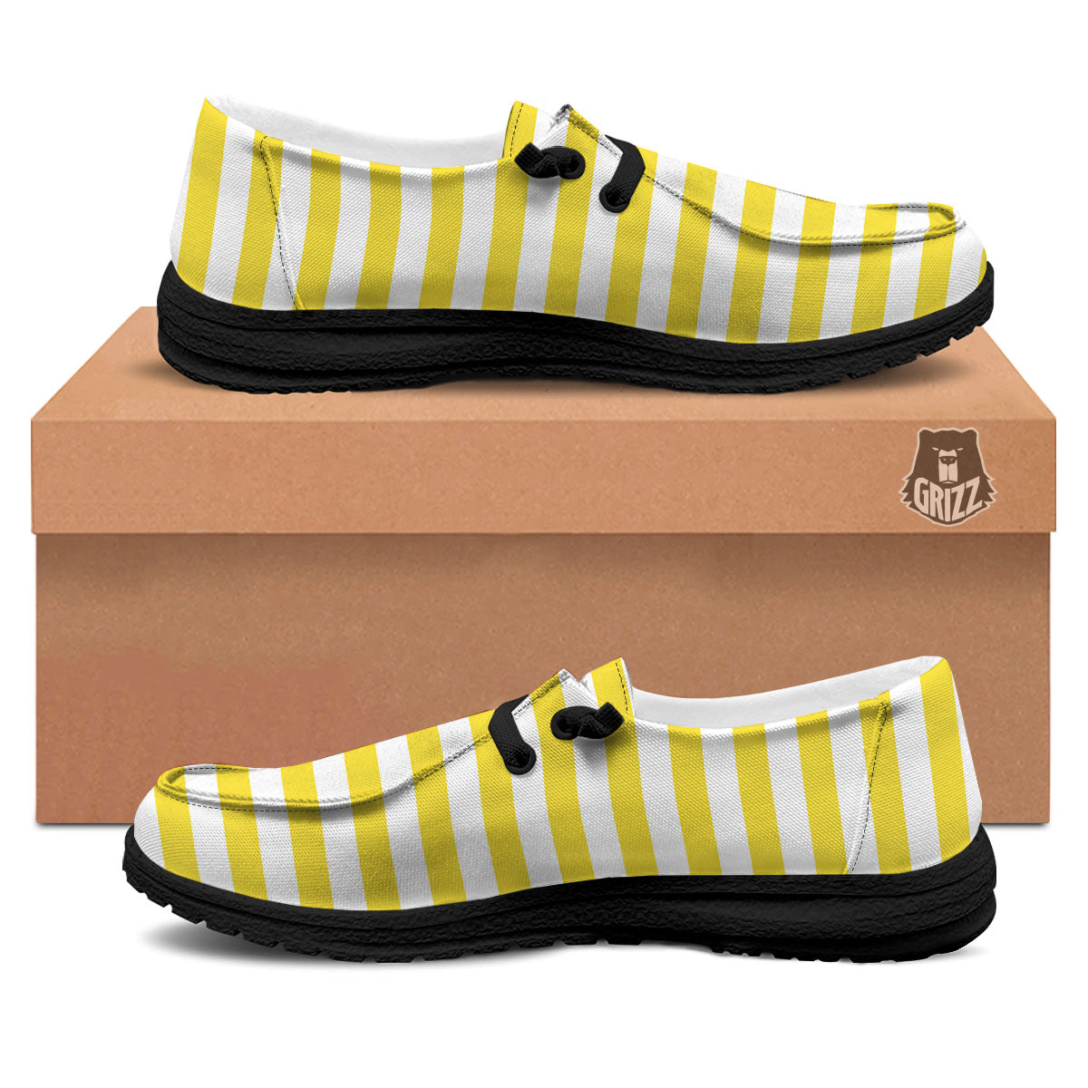 Striped Yellow Print Pattern Black Loafers-grizzshop