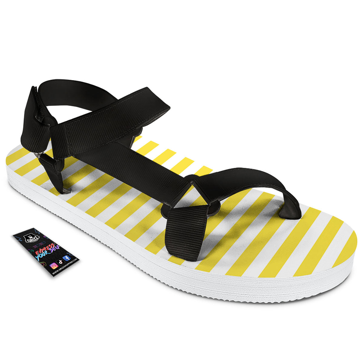 Striped Yellow Print Pattern Black Open Toe Sandals-grizzshop