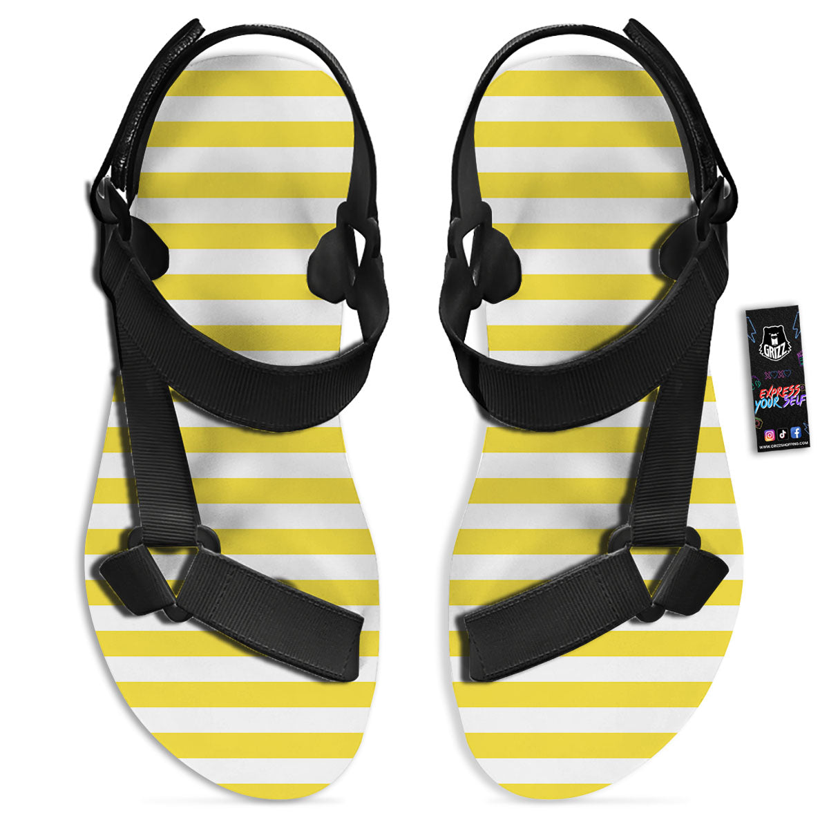 Striped Yellow Print Pattern Black Open Toe Sandals-grizzshop