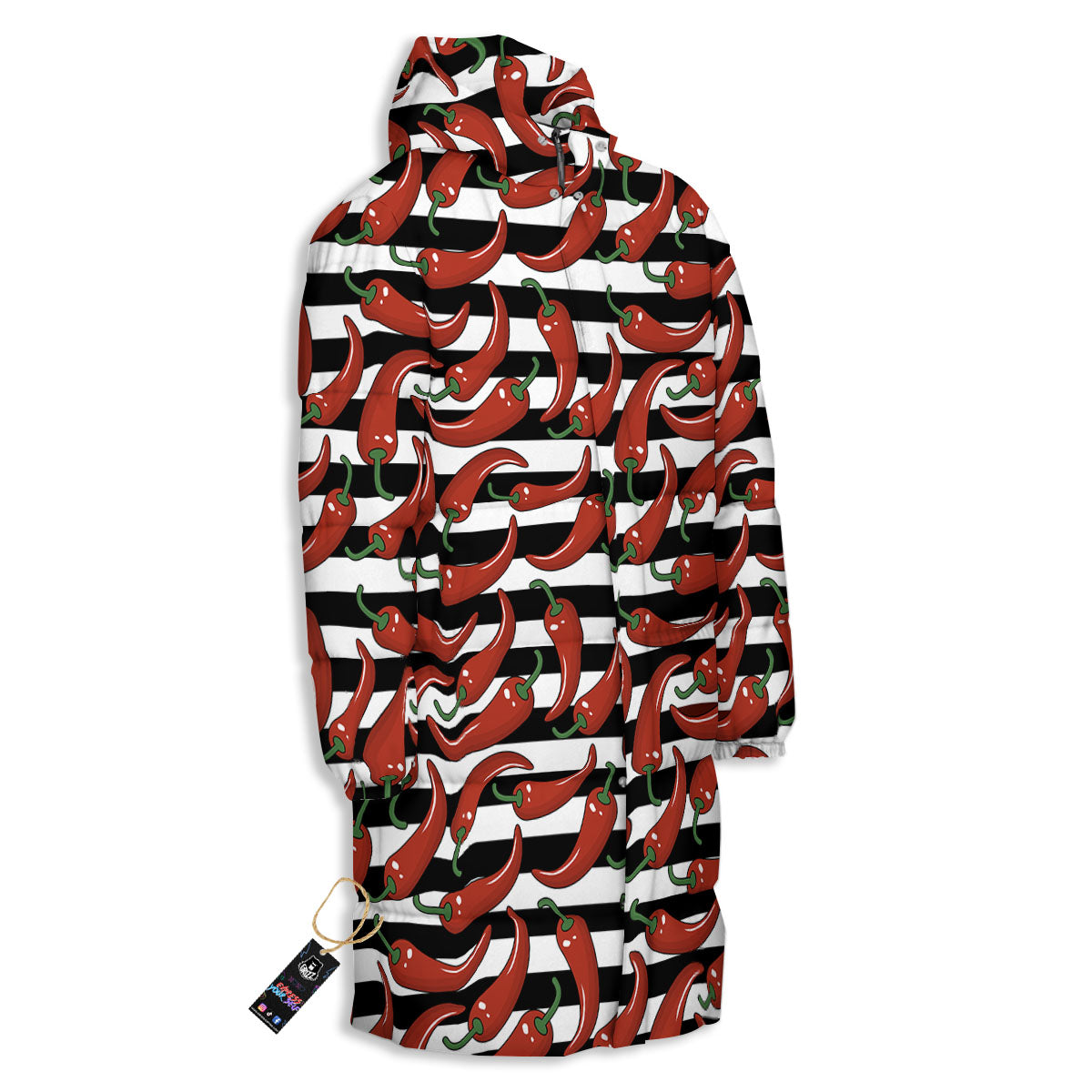 Striped Chili White And Black Print Long Down Jacket