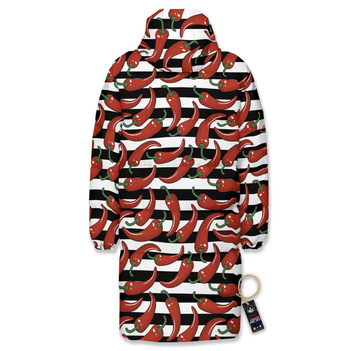 Striped Chili White And Black Print Long Down Jacket