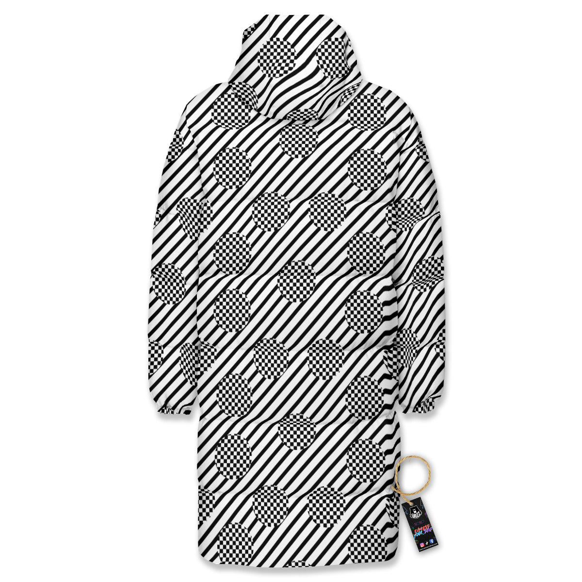 Stripes And Checkered Polka Dots Print Pattern Long Down Jacket-grizzshop