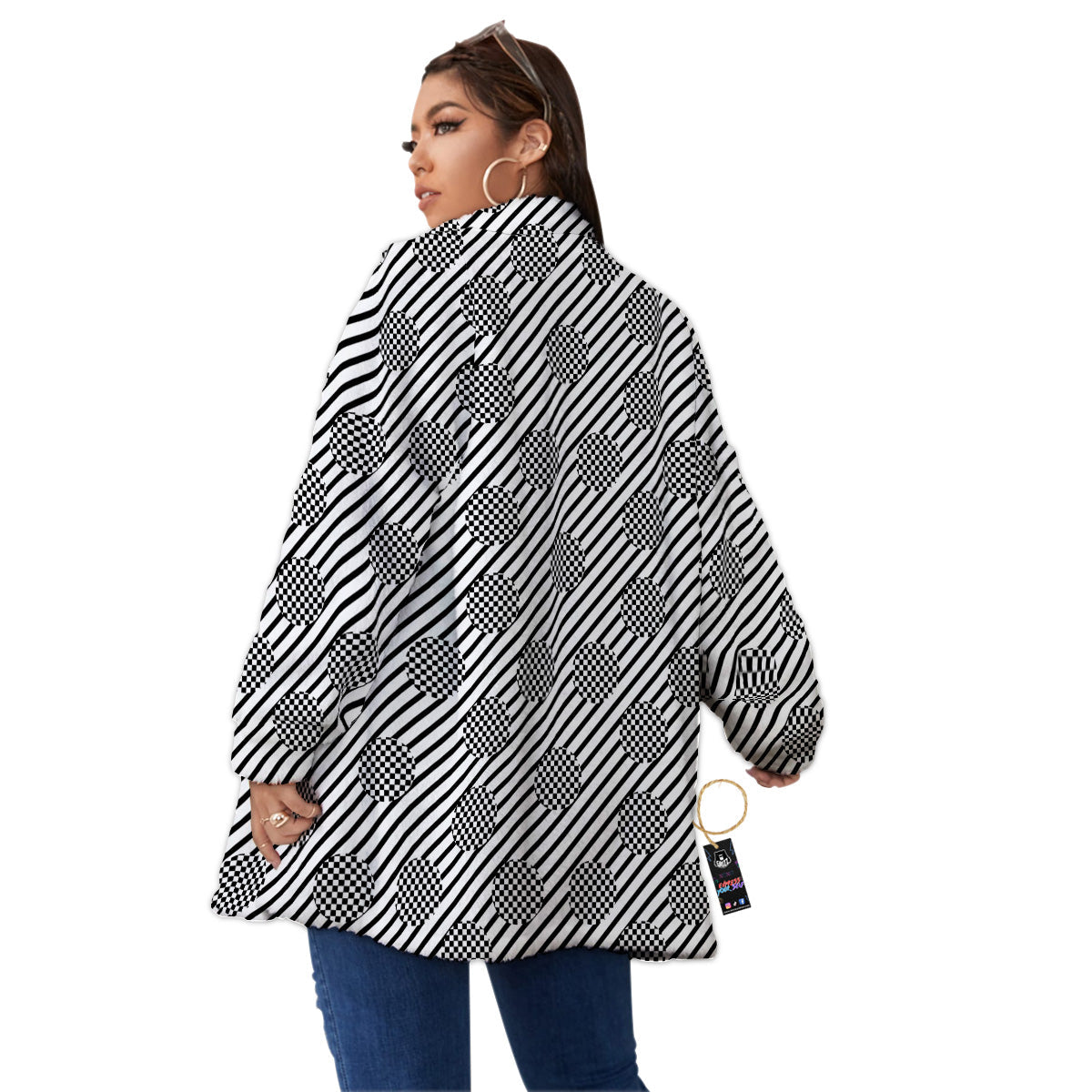 Stripes And Checkered Polka Dots Print Pattern Women's Sherpa Jacket-grizzshop