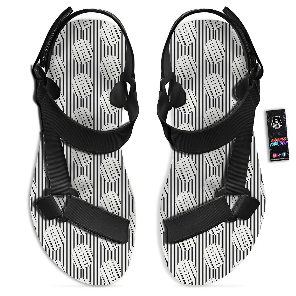 Stripes And Polka Dot Print Pattern Black Open Toe Sandals-grizzshop