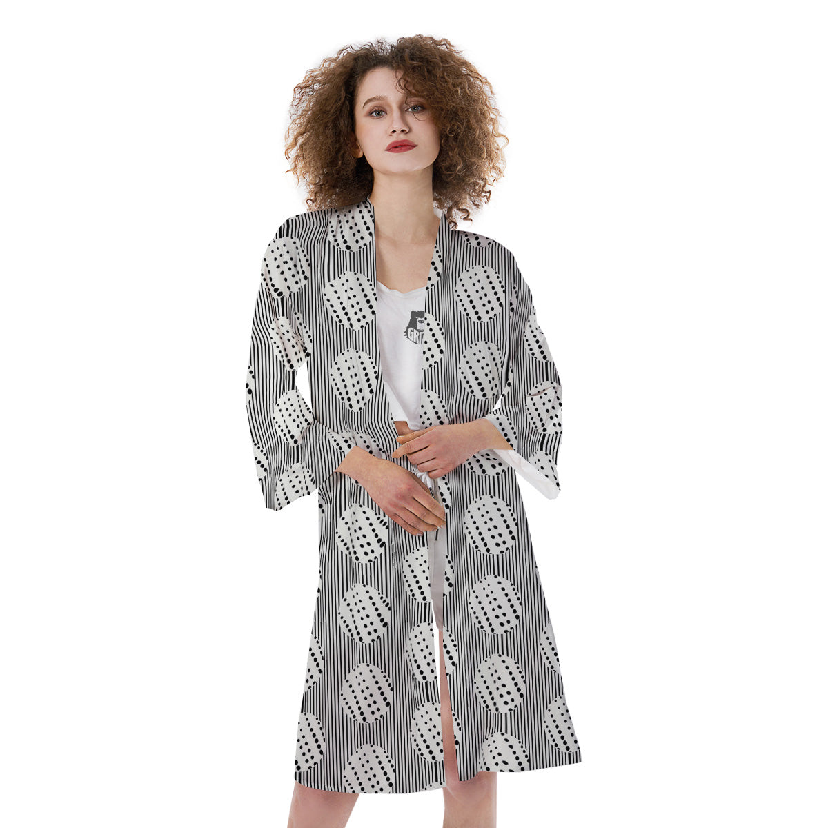 Stripes And Polka Dot Print Pattern Kimono-grizzshop