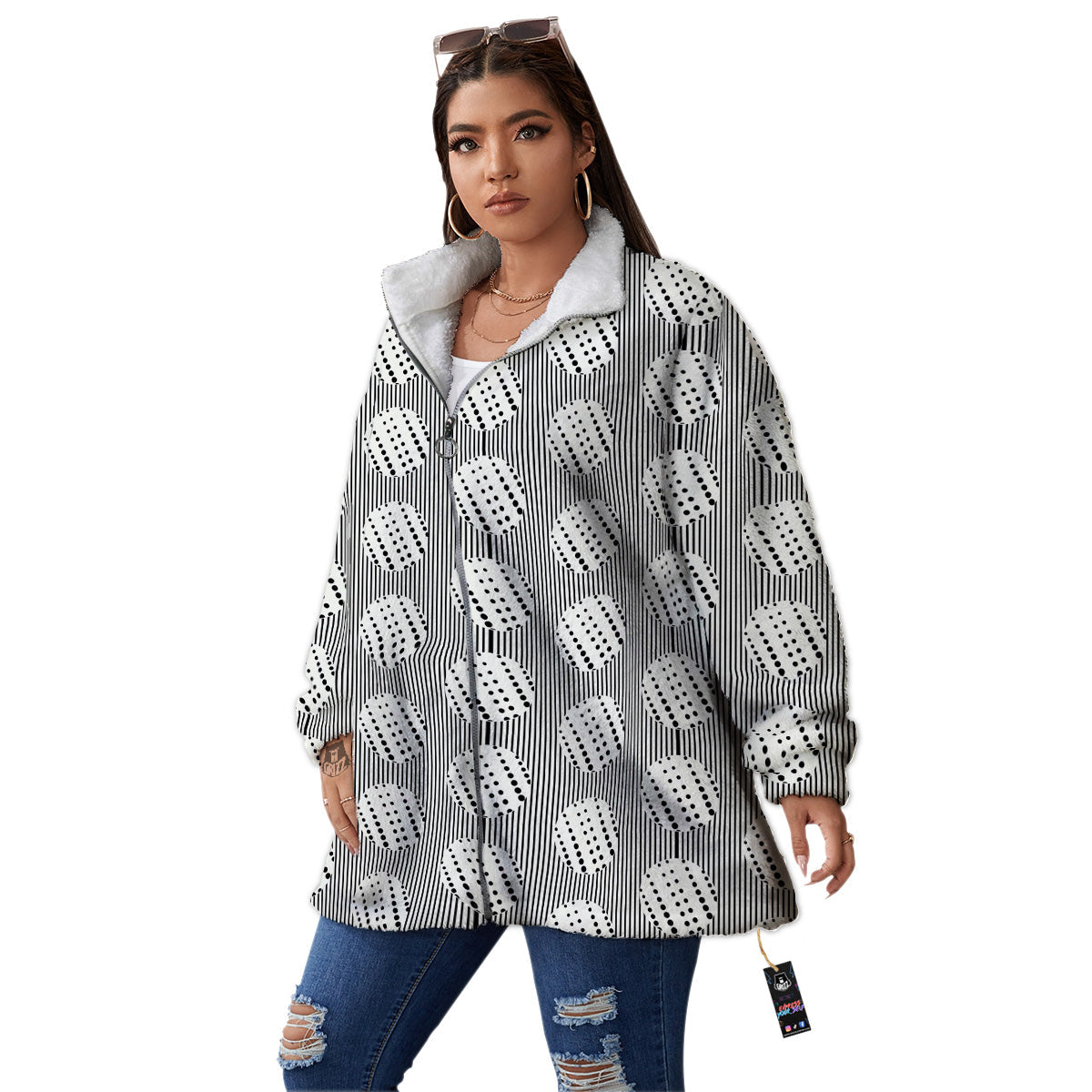 Stripes And Polka Dot Print Pattern Women's Sherpa Jacket-grizzshop