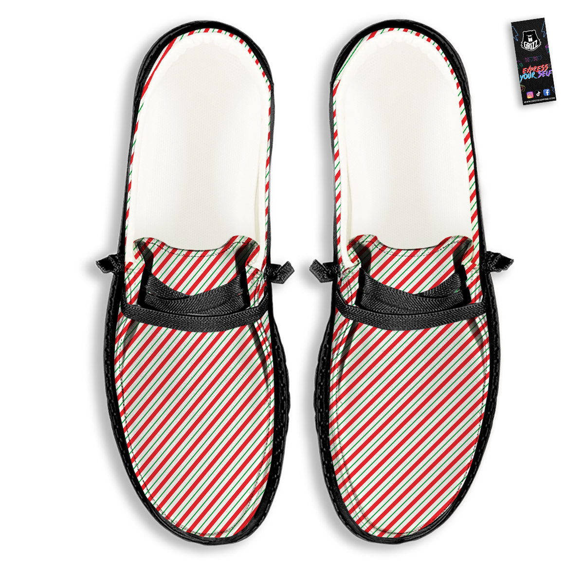 Stripes Candy Cane Print Pattern Black Loafers-grizzshop