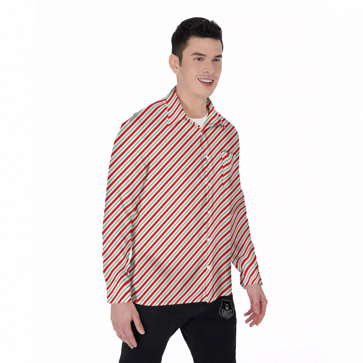 Stripes Candy Cane Print Pattern Men's Long Sleeve Shirts-grizzshop