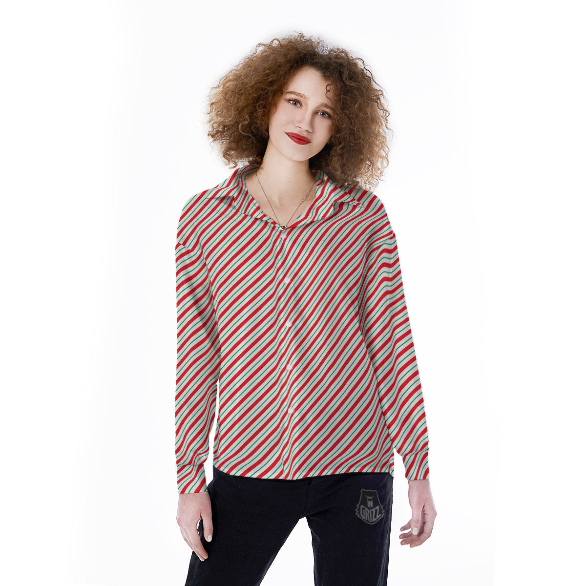 Stripes Candy Cane Print Pattern Women's Long Sleeve Shirts-grizzshop
