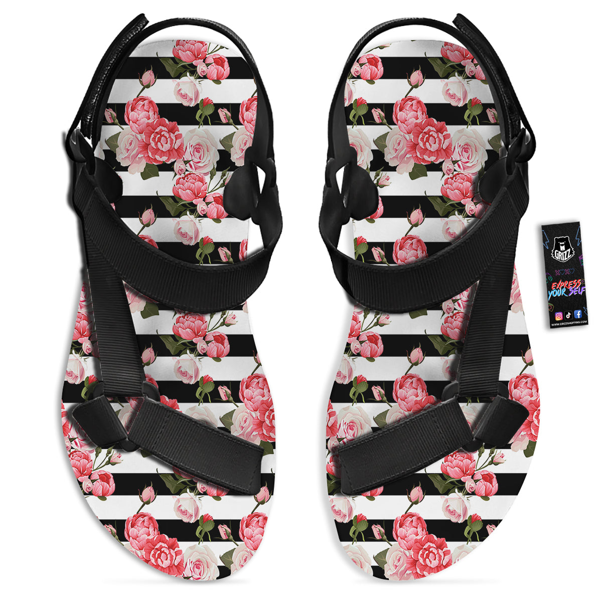 Stripes Peony And Roses Print Pattern Black Open Toe Sandals-grizzshop