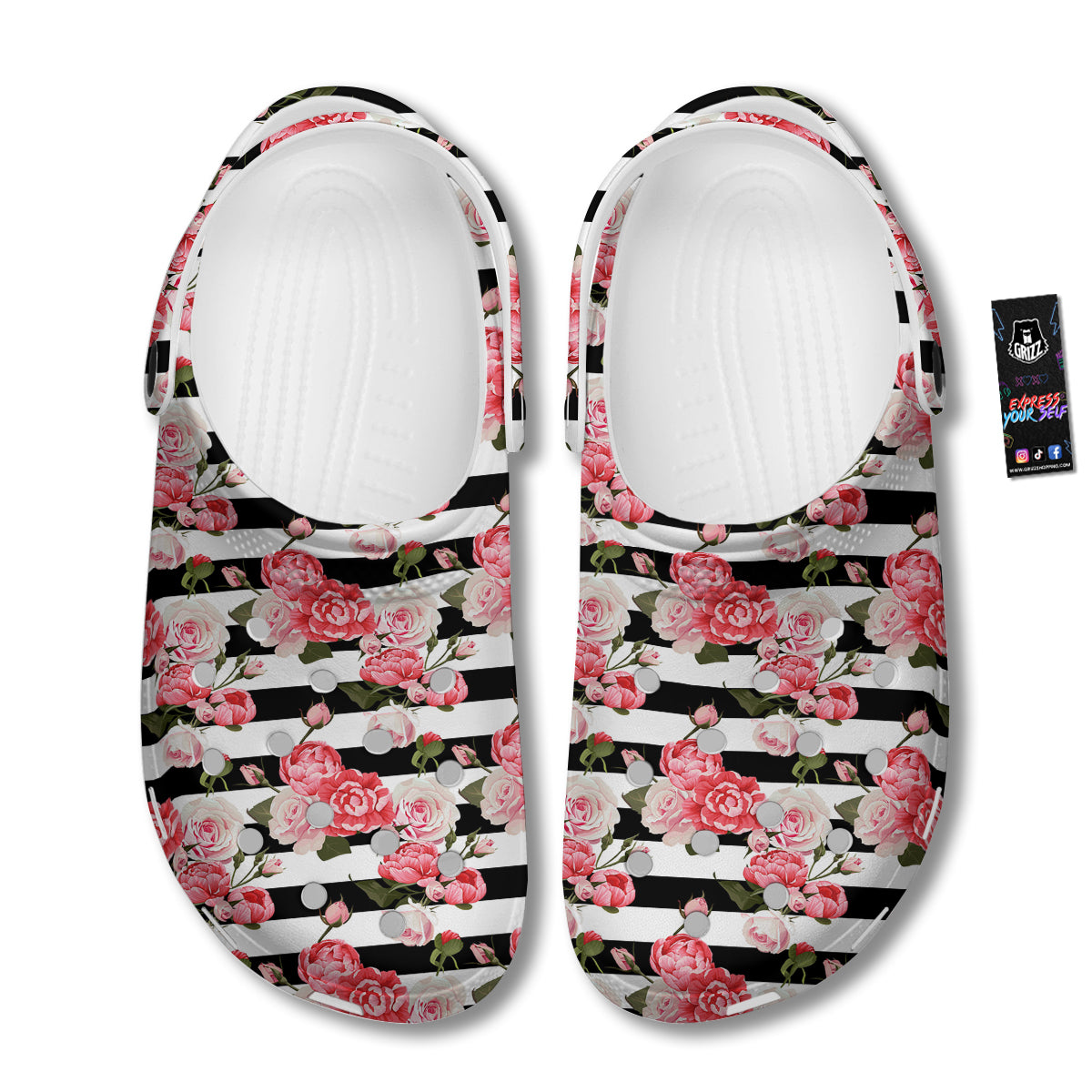 Stripes Peony And Roses Print Pattern Clog-grizzshop