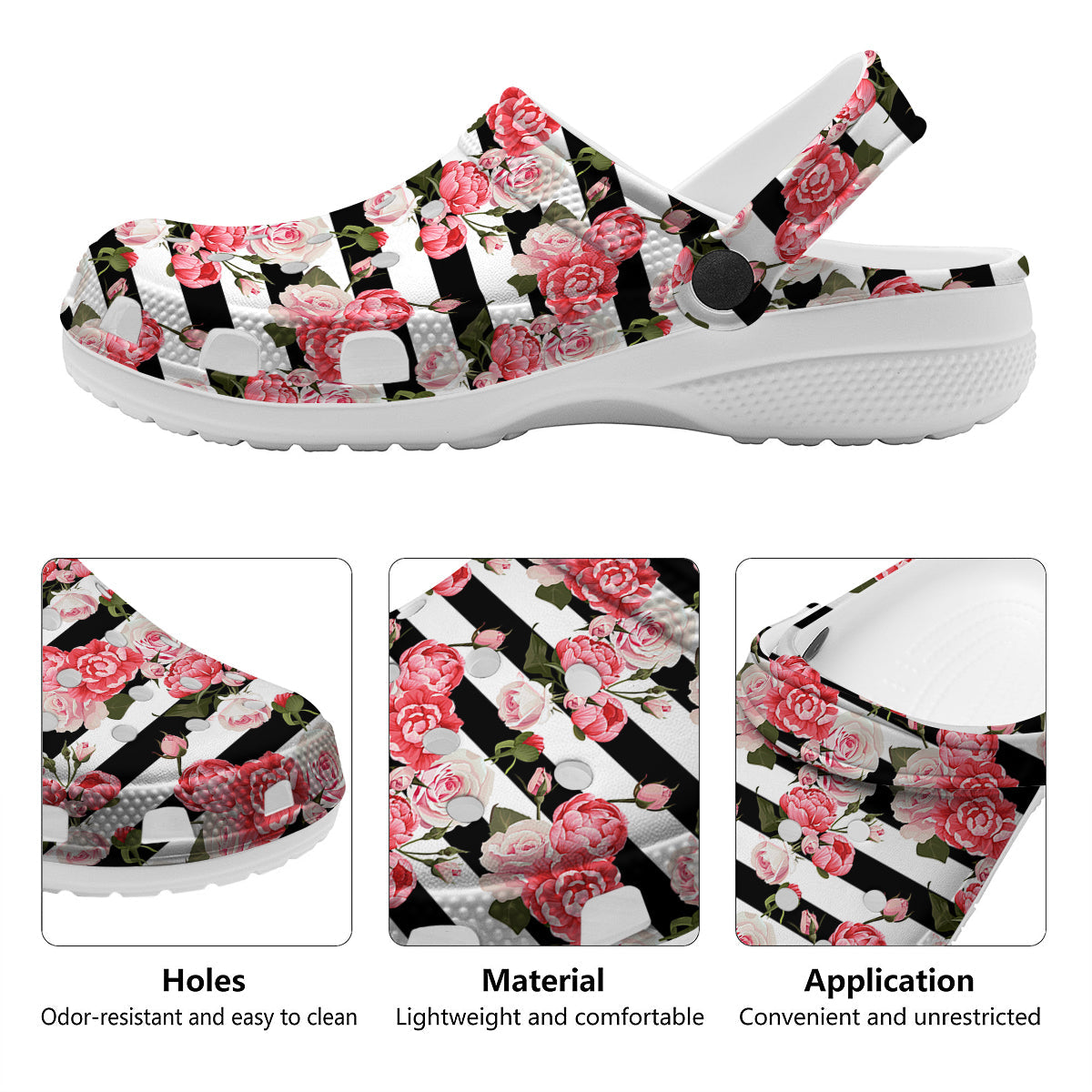 Stripes Peony And Roses Print Pattern Clog-grizzshop