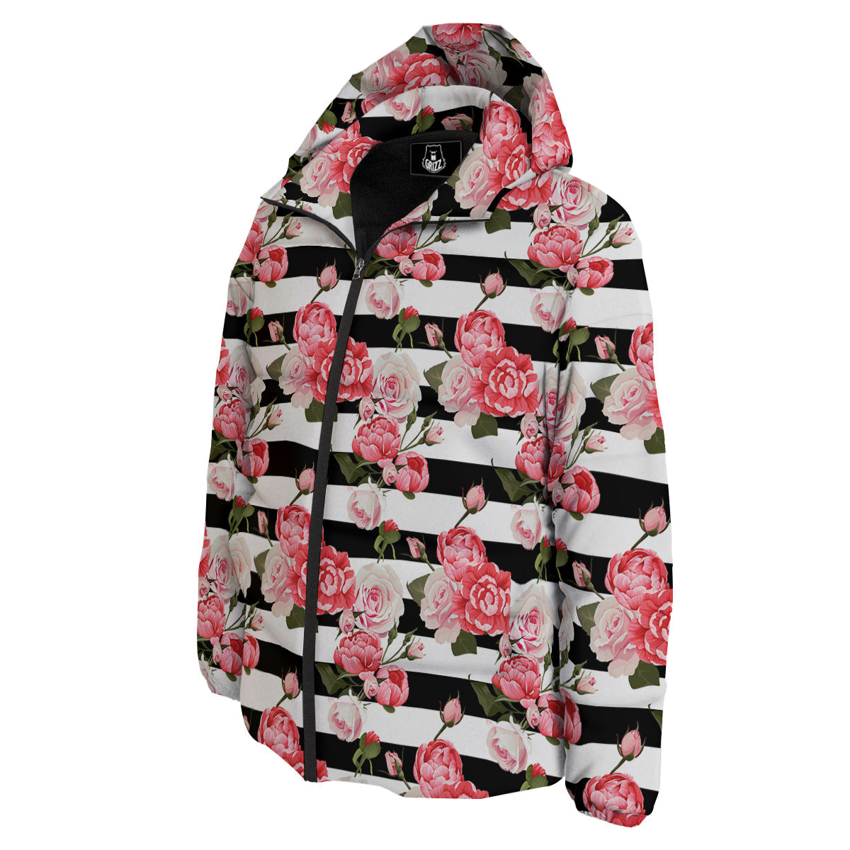 Stripes Peony And Roses Print Pattern Down Jacket-grizzshop