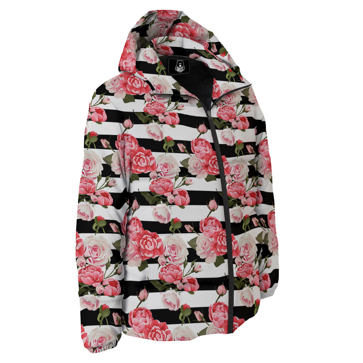 Stripes Peony And Roses Print Pattern Down Jacket-grizzshop