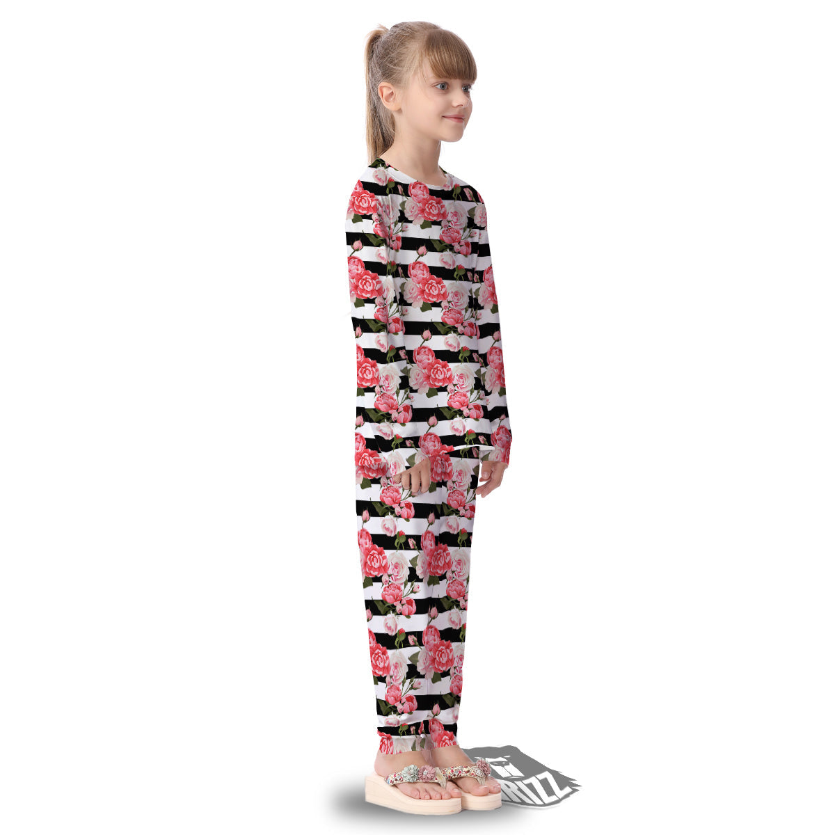 Stripes Peony And Roses Print Pattern Kid's Pajamas-grizzshop
