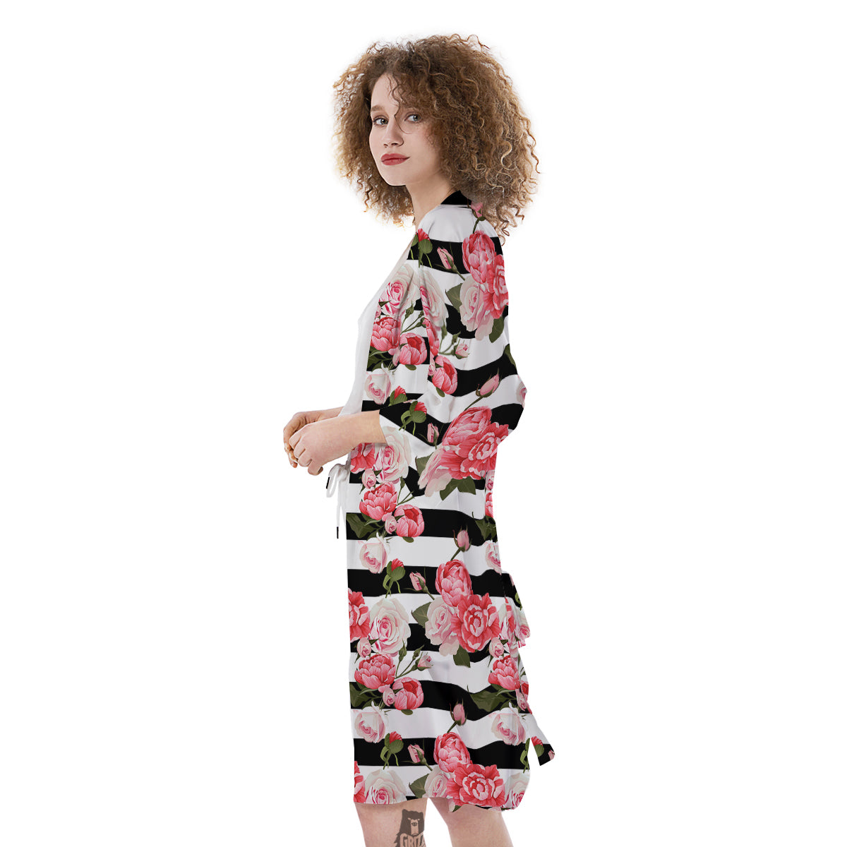 Stripes Peony And Roses Print Pattern Kimono-grizzshop