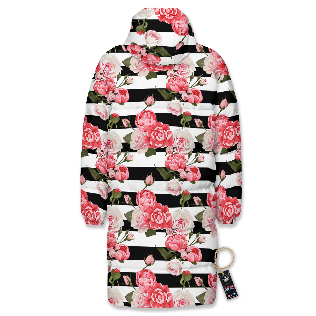 Stripes Peony And Roses Print Pattern Long Down Jacket-grizzshop
