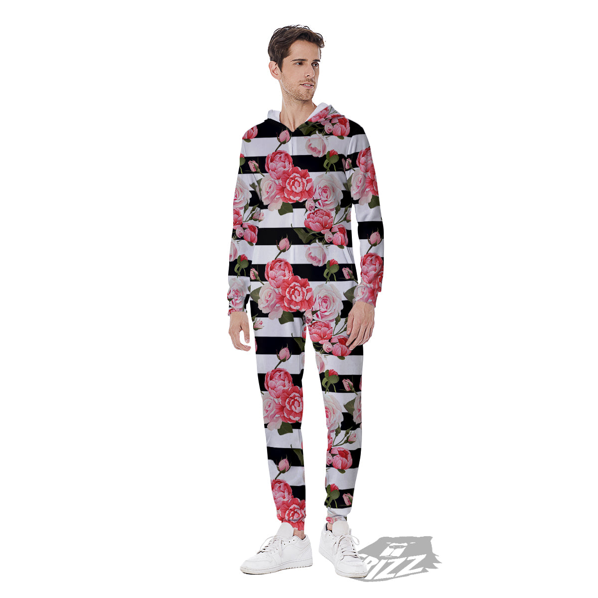Stripes Peony And Roses Print Pattern Men's Jumpsuit-grizzshop