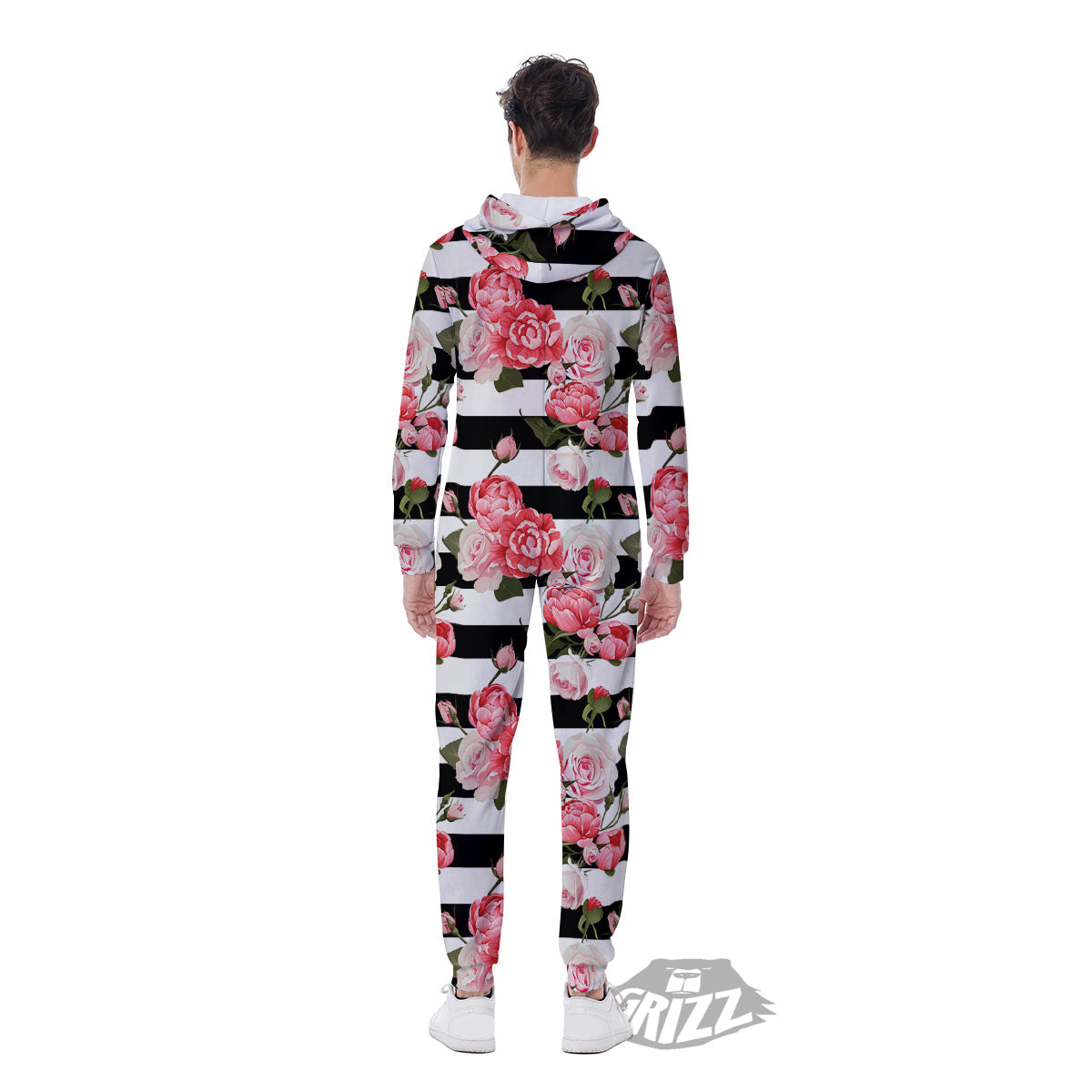 Stripes Peony And Roses Print Pattern Men's Jumpsuit-grizzshop