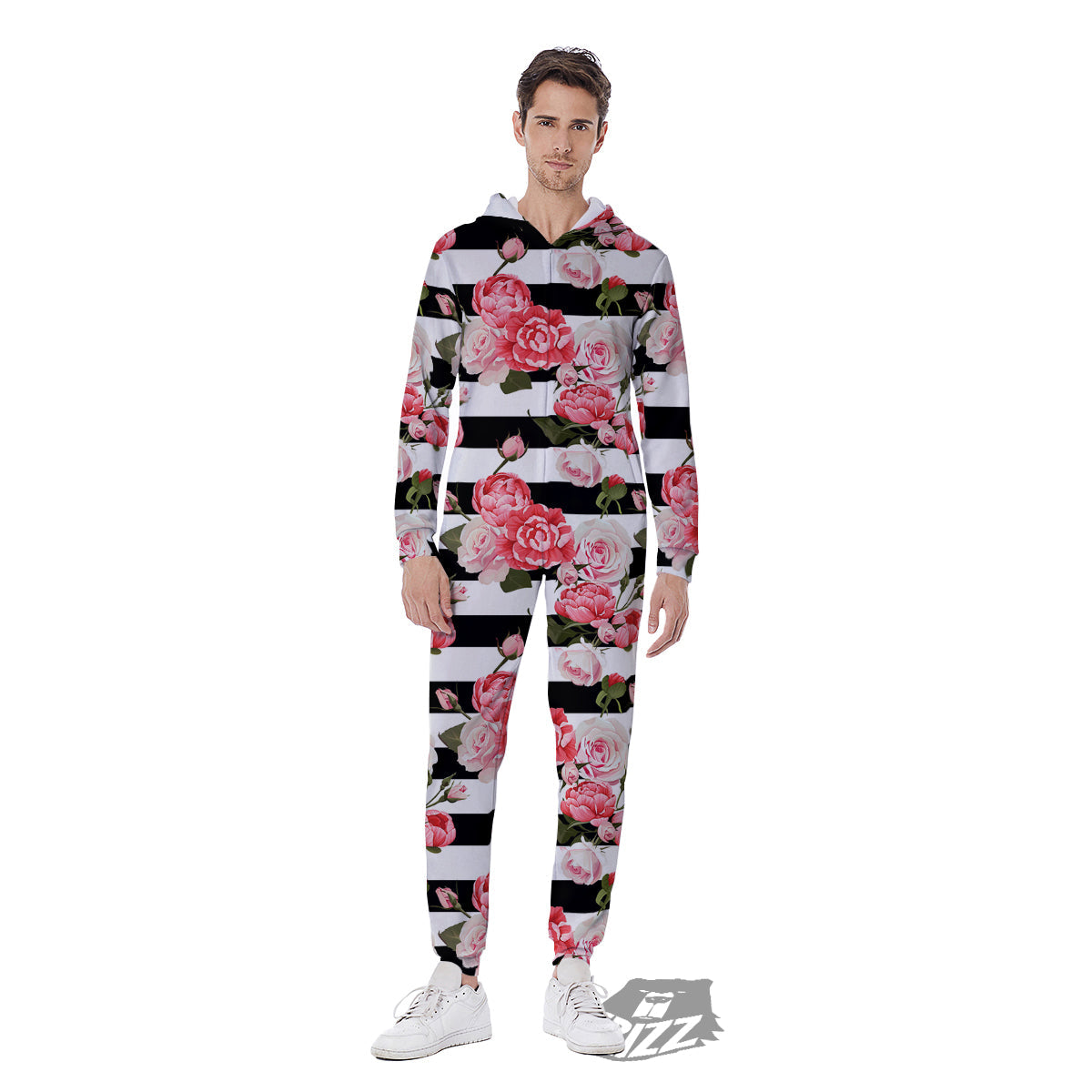 Stripes Peony And Roses Print Pattern Men's Jumpsuit-grizzshop