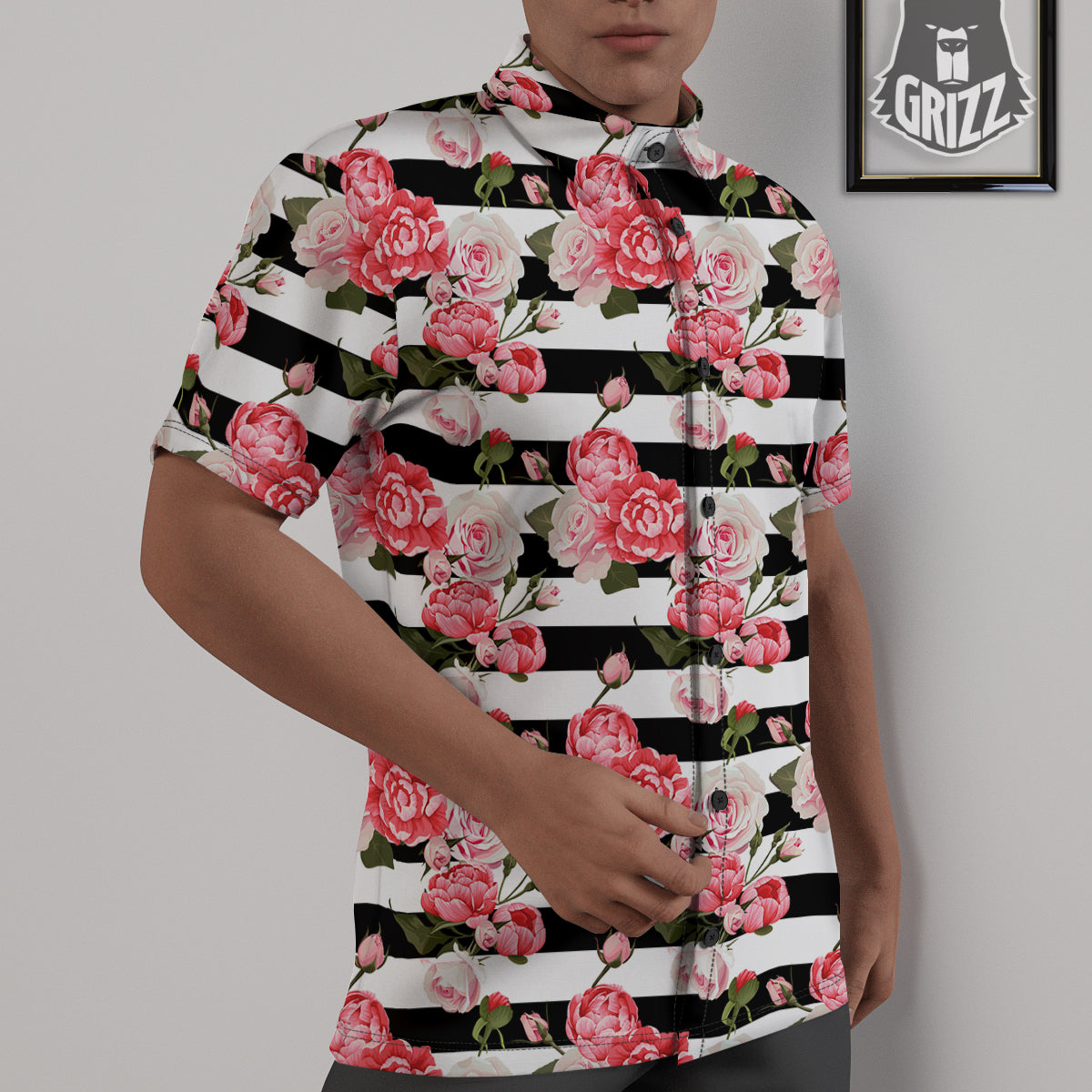 Stripes Peony And Roses Print Pattern Untucked Shirts-grizzshop