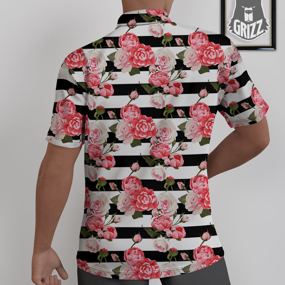 Stripes Peony And Roses Print Pattern Untucked Shirts-grizzshop