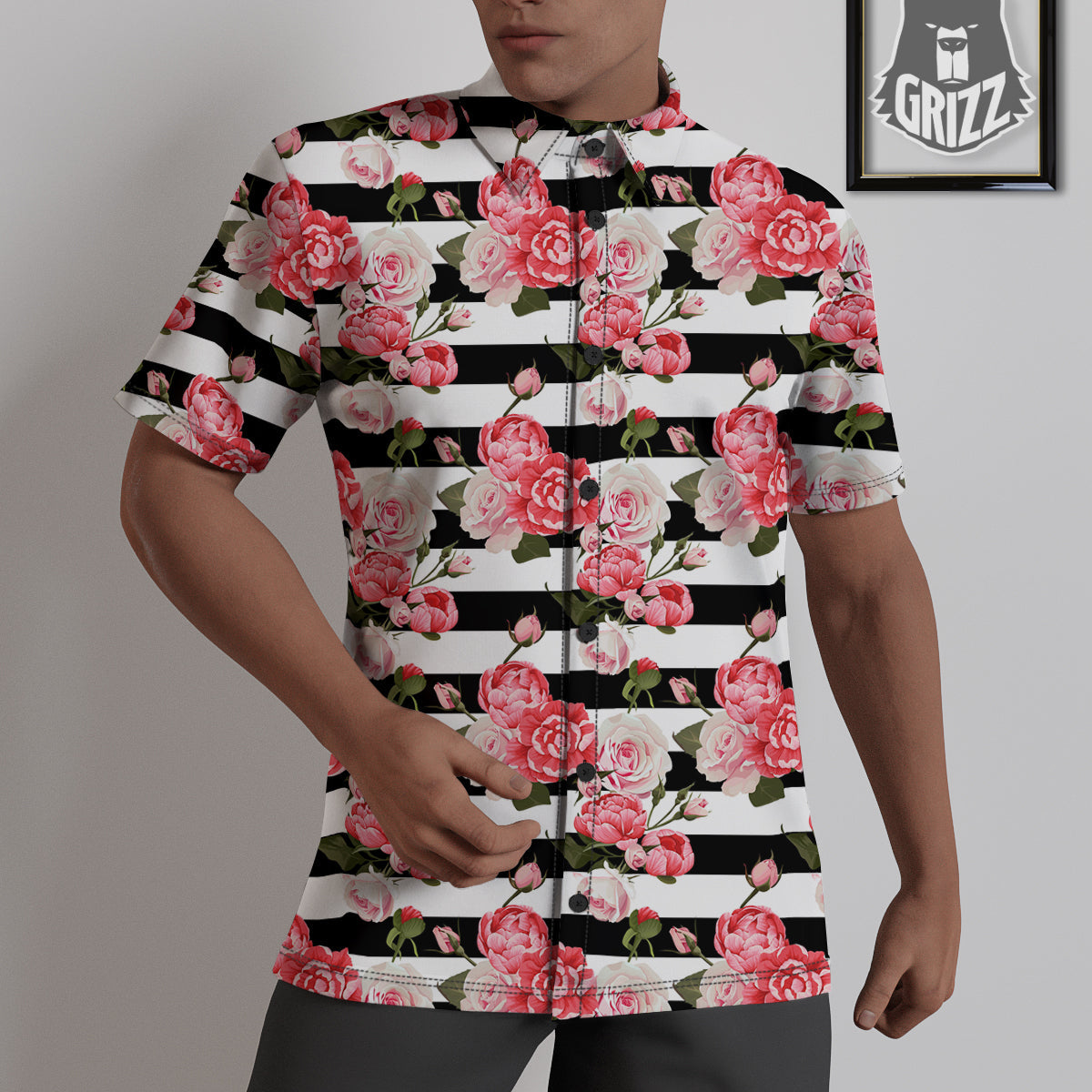 Stripes Peony And Roses Print Pattern Untucked Shirts-grizzshop