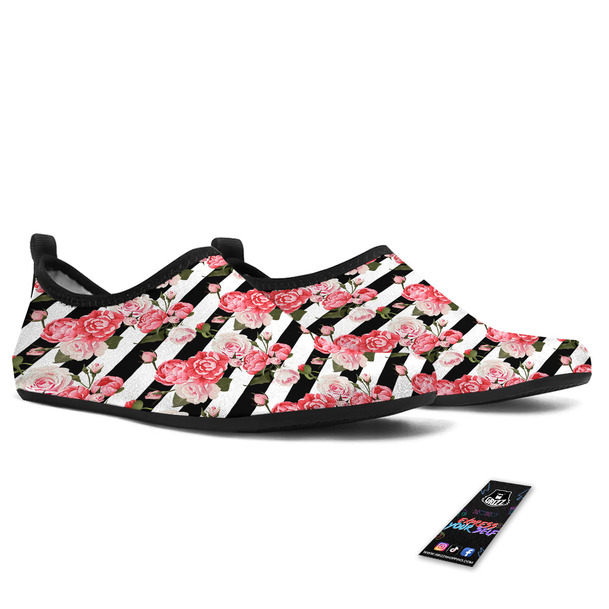 Stripes Peony And Roses Print Pattern Water Shoes-grizzshop