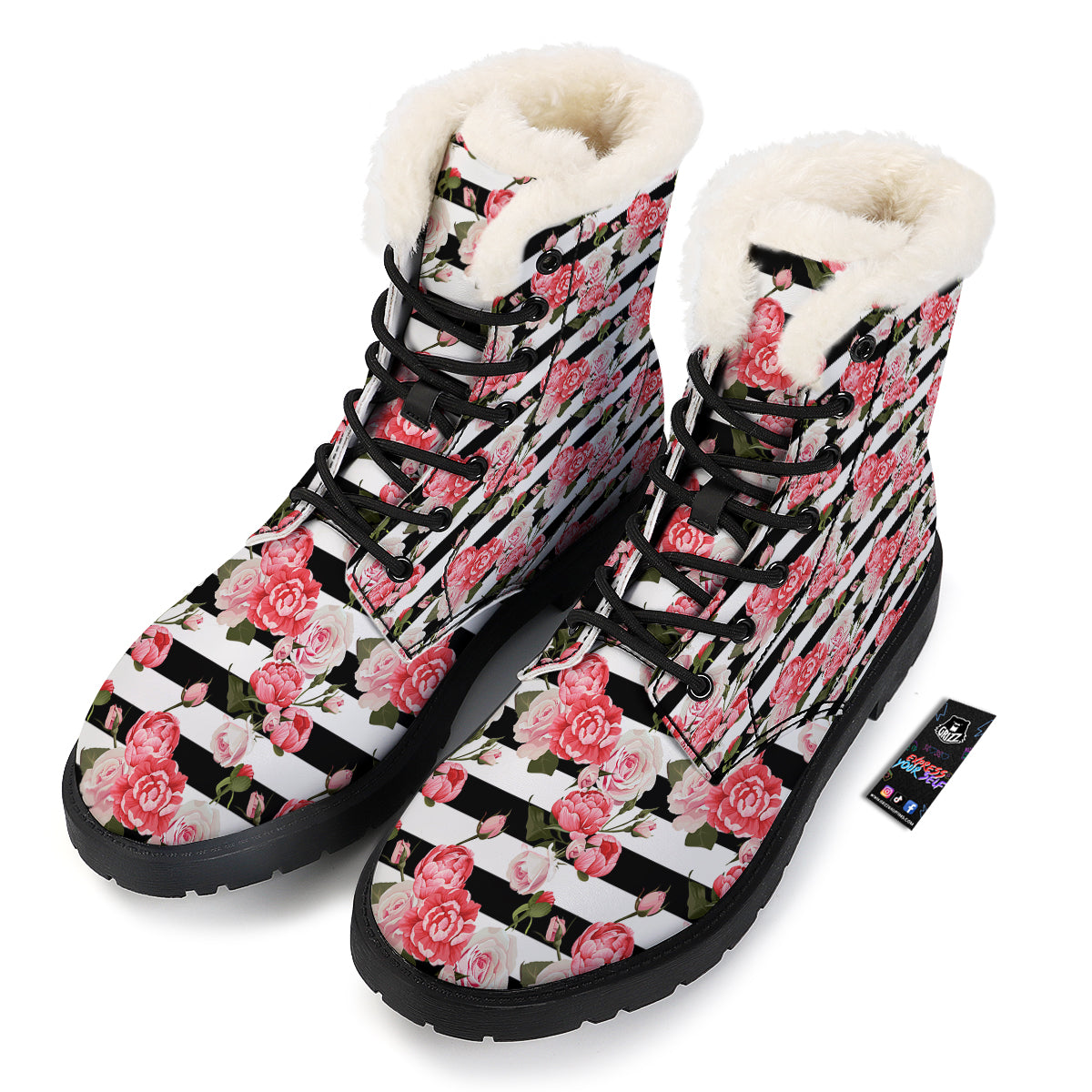 Stripes Peony And Roses Print Pattern Winter Boots-grizzshop