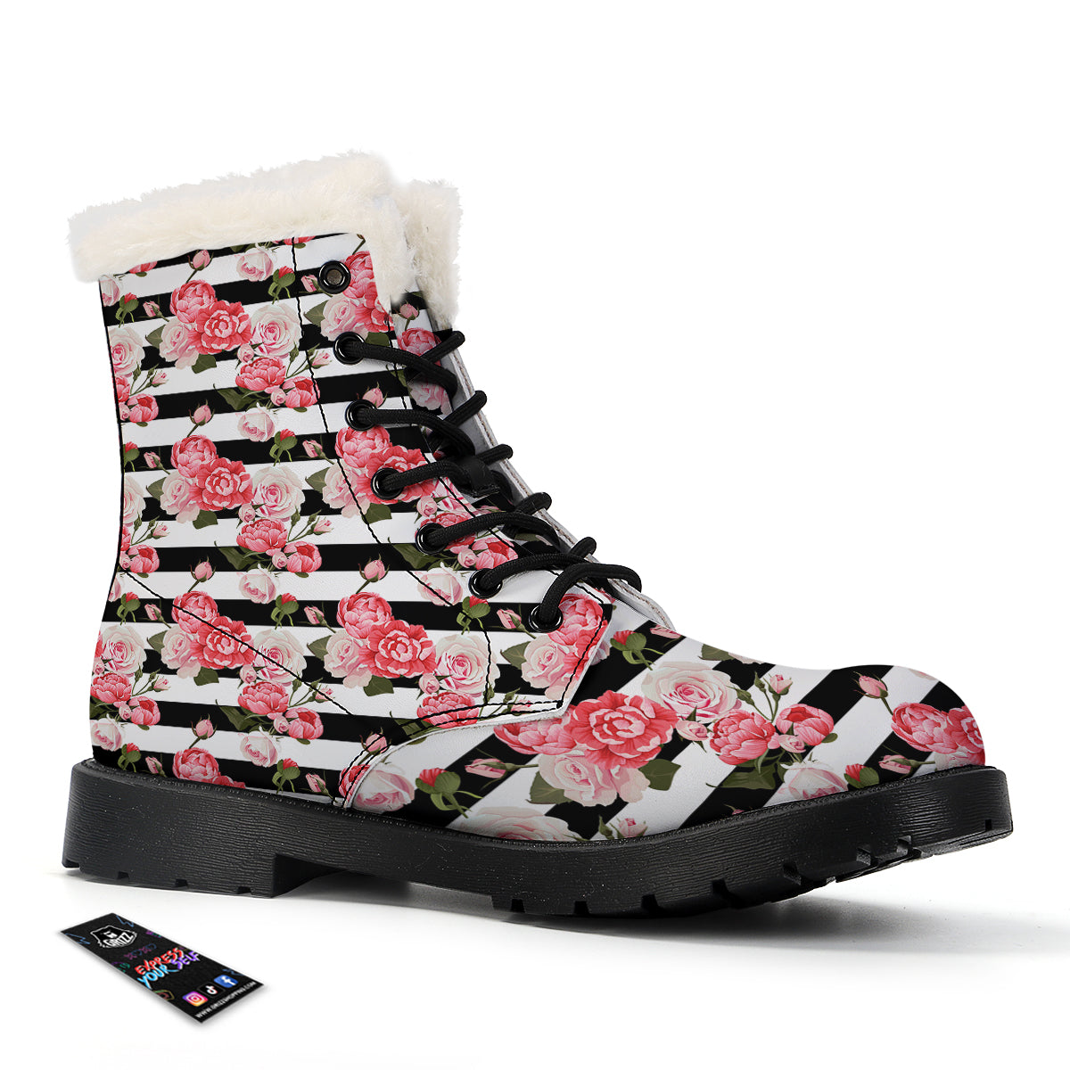 Stripes Peony And Roses Print Pattern Winter Boots-grizzshop