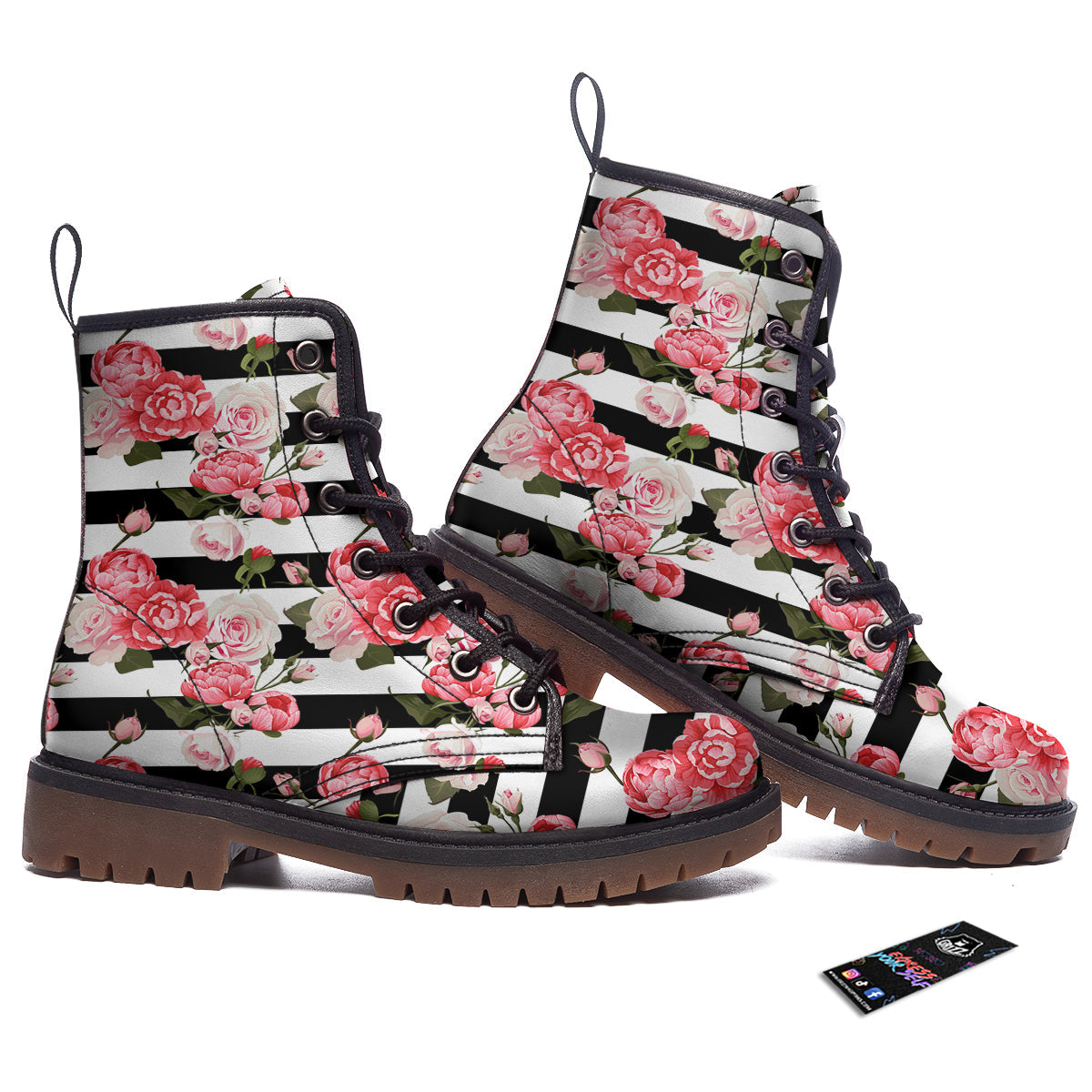 Stripes Peony And Roses Print Pattern Work Boots-grizzshop