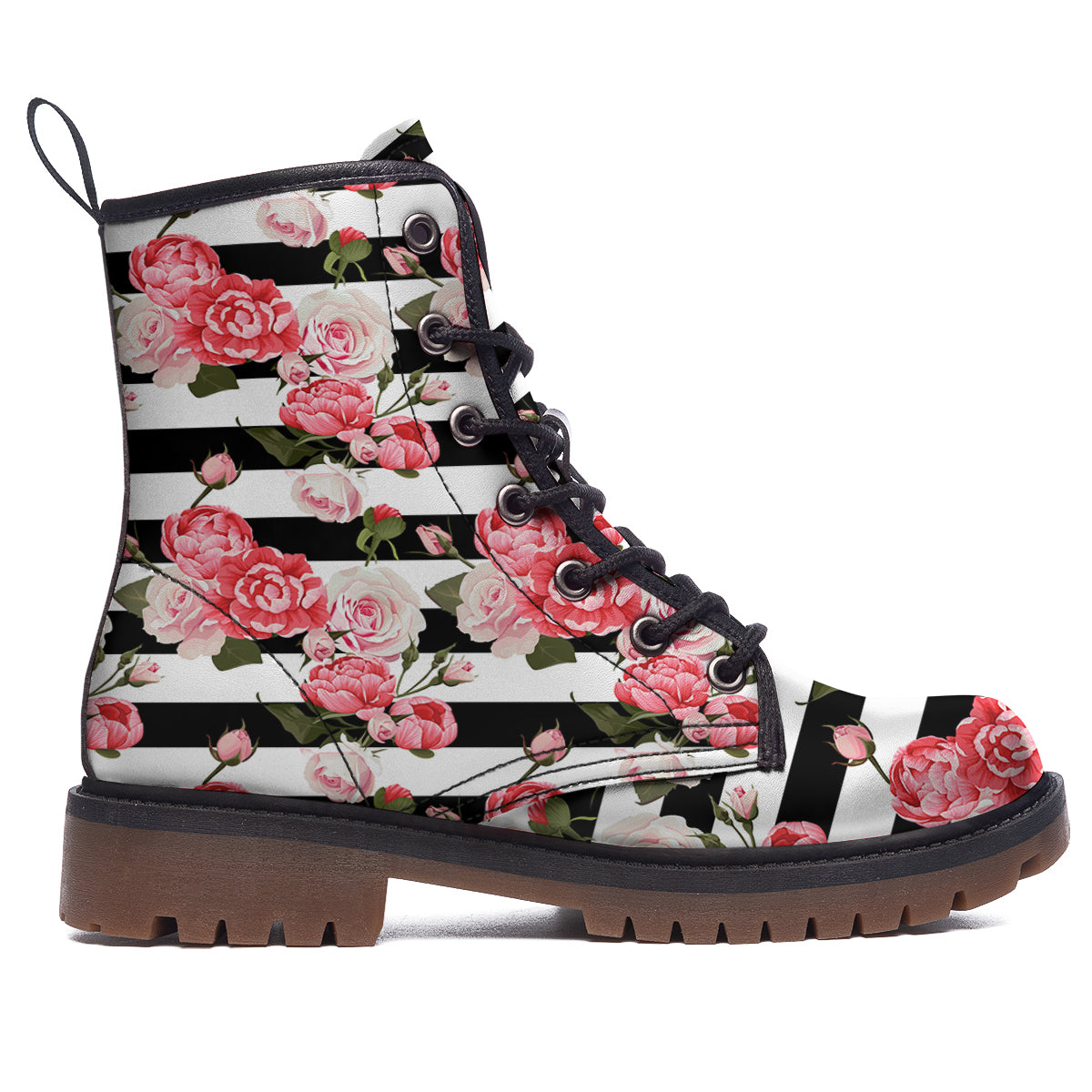 Stripes Peony And Roses Print Pattern Work Boots-grizzshop