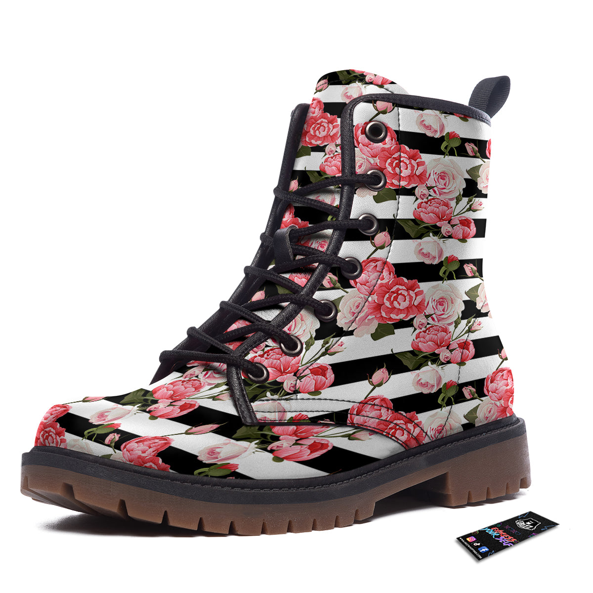 Stripes Peony And Roses Print Pattern Work Boots-grizzshop