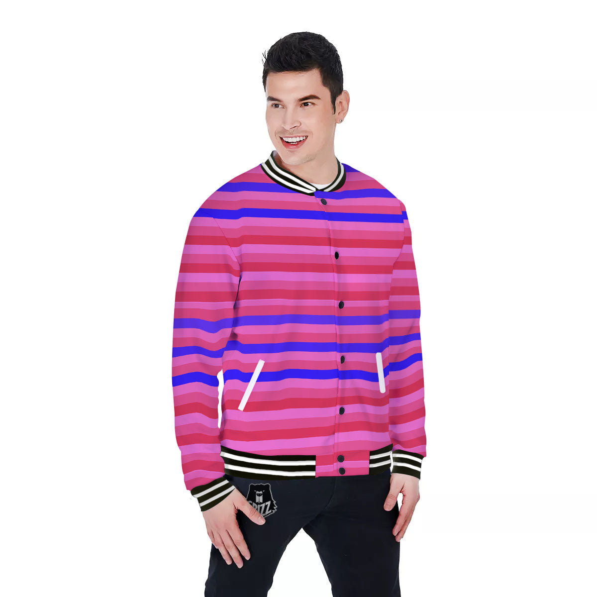 Stripes Pink Red And Blue Print Baseball Jacket-grizzshop