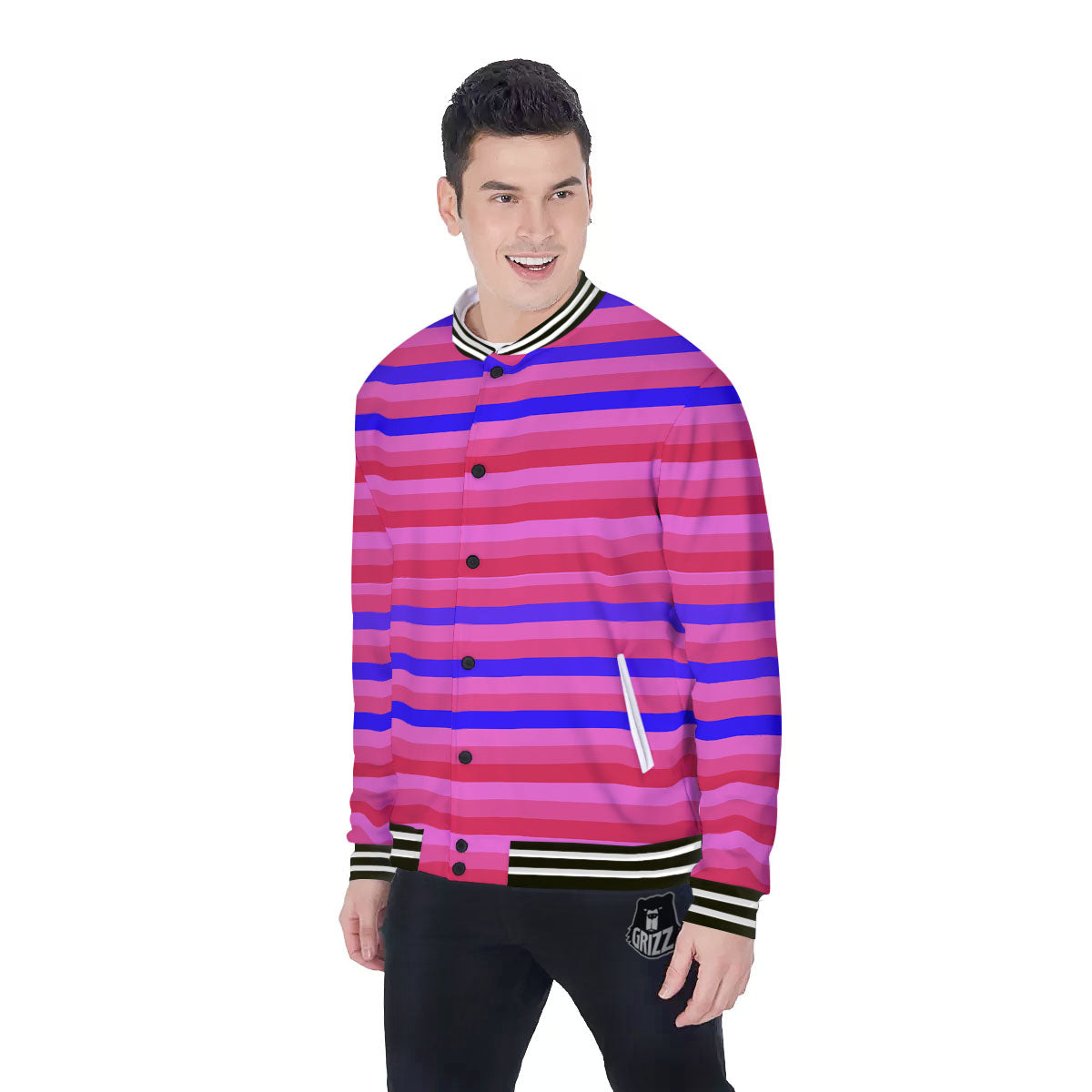 Stripes Pink Red And Blue Print Baseball Jacket-grizzshop