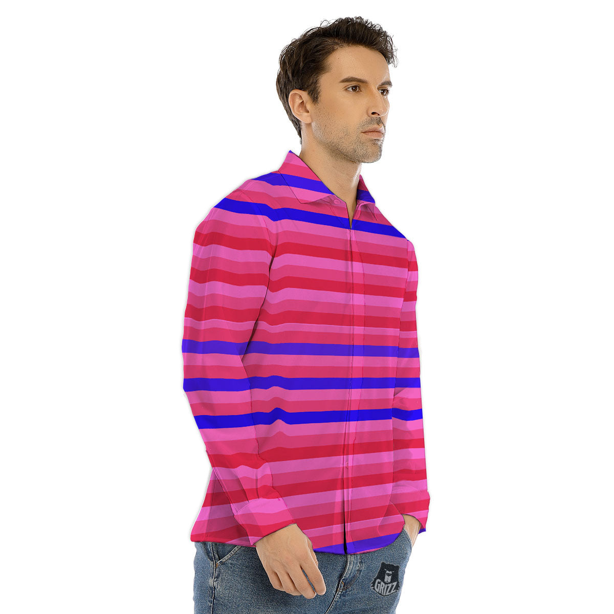 Stripes Pink Red And Blue Print Men's Dress Shirts-grizzshop