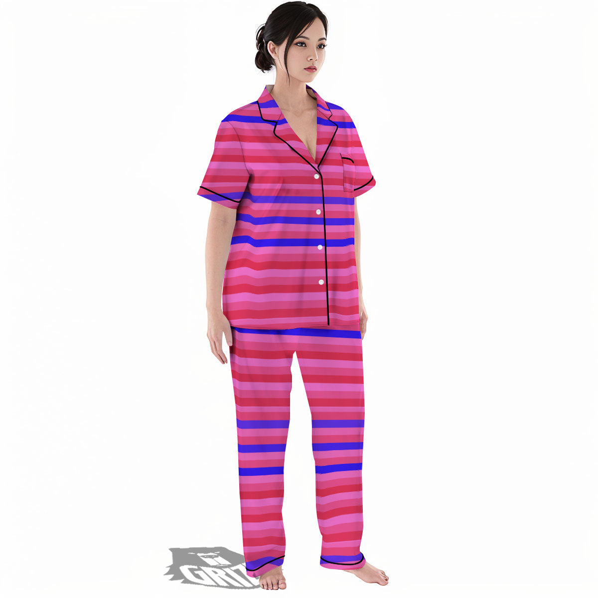 Stripes Pink Red And Blue Print Women's Pajamas Set-grizzshop