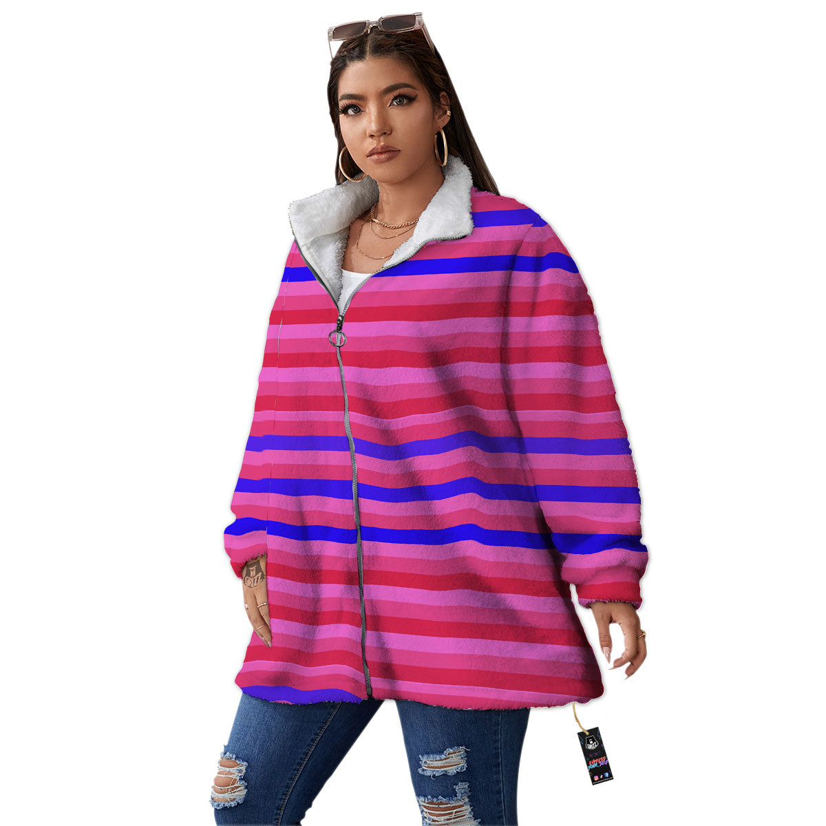 Stripes Pink Red And Blue Print Women's Sherpa Jacket-grizzshop