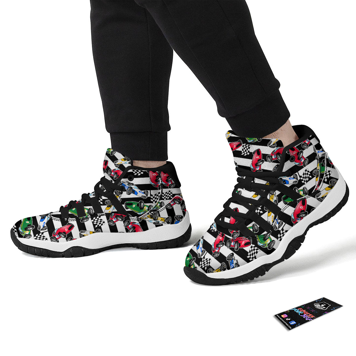 Stripes Racing Cars Print Pattern Black Bball Shoes-grizzshop